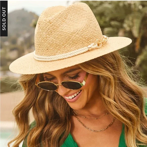 Stylish Tan Straw Hat with Gold Chain Straw Custom Cowboy Hat: Coastal Red Gemstone and Shell Boho  main image 3
